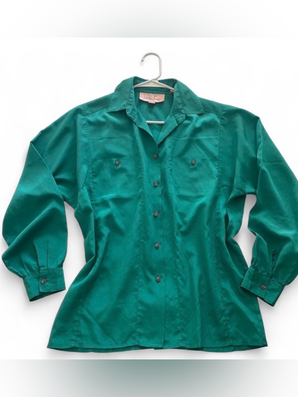Vintage Silky Emerald Teal Green Button Down Shirt Retro Blouse Vibrant Rare, M
